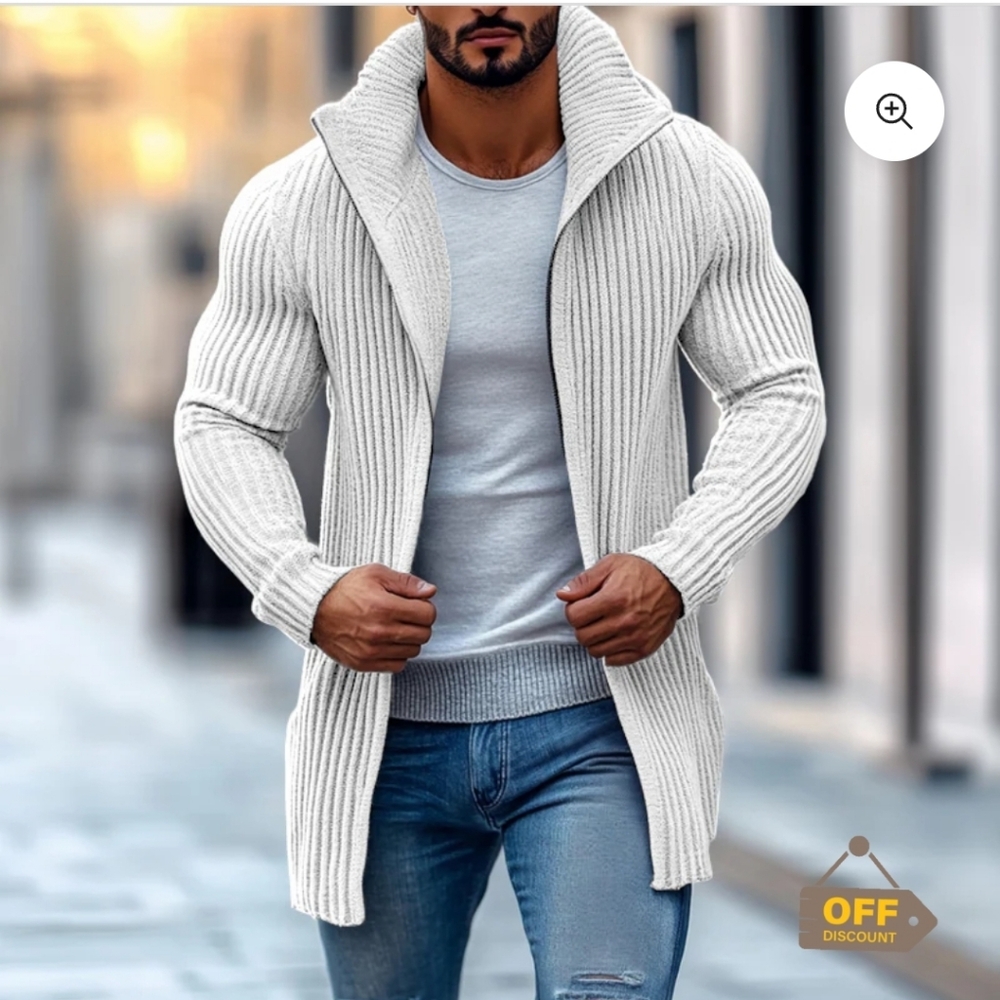 WAS $159 .  MANLY  Men's  Stand Collar Solid Off White Long Slv Mid-length Knit